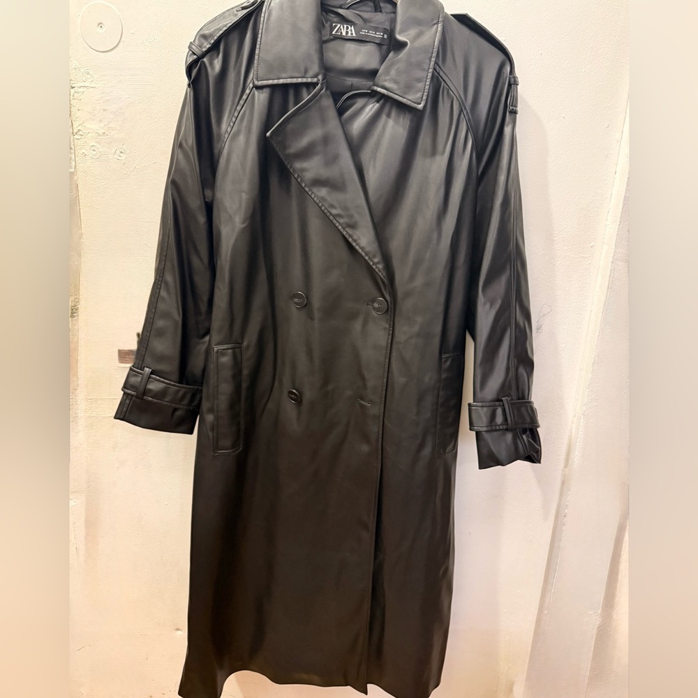 Zara Black Faux Leather Double-Breasted Trench Coat